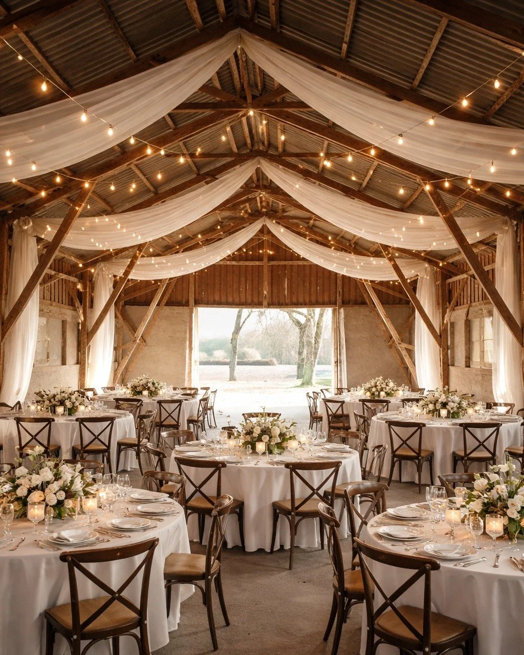 Der er noget helt særligt ved bryllupper i vores gamle lade 💫
Når lyset falder blødt ind gennem portene, og duften af træ og blomster blander sig med lyden af latter og klinkende glas, opstår magien.

Her er plads til 