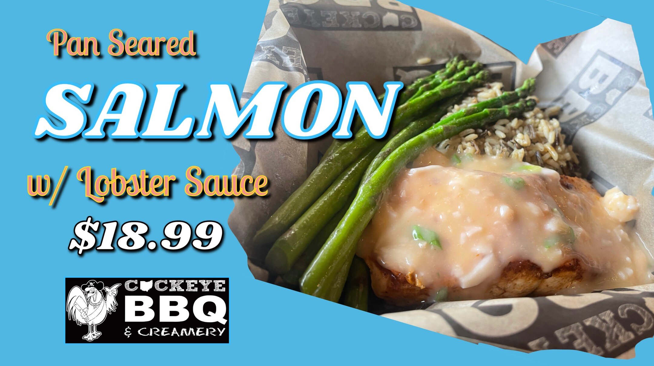 SALMON with LOBSTER SAUCE!
8oz Pan Seared Salmon Fillet with Lobster Sauce. Served with Wild Rice Pilaf and Cold Smoked Asparagus. 
Lent Friendly!
Order Online ➡️ https://order.toasttab.com/online/cockeye-bbq
#morethanbbq #clotheslinespecials