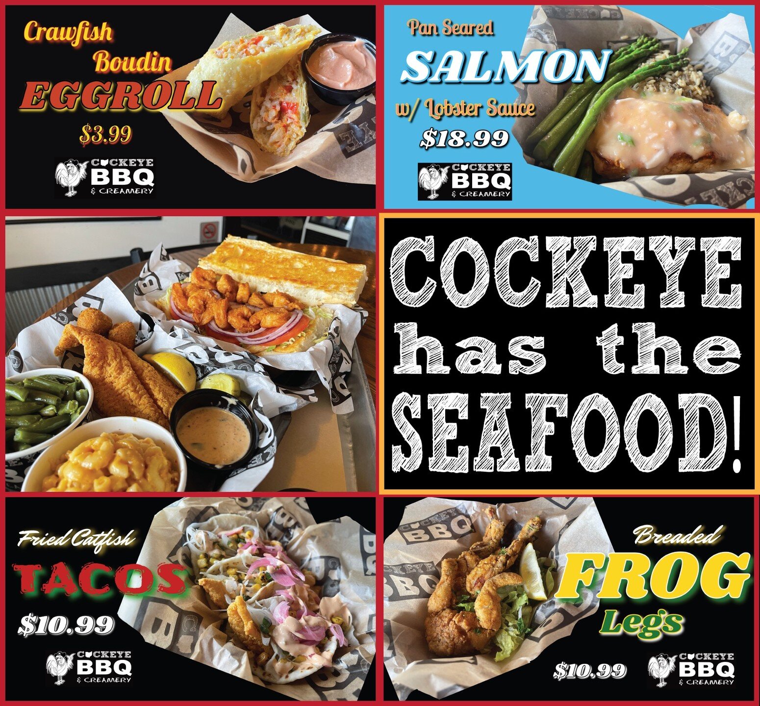 SALMON and CRAWFISH and FROG LEGS... OH MY!
COCKEYE has all sorts of fun Clothesline Specials up for Lent! Plus, our regular menu staples like Fried/Cajun Shrimp or Catfish available in Dinners or on Po-Boy Sandwiches!
Order Online ➡️ https://order.t