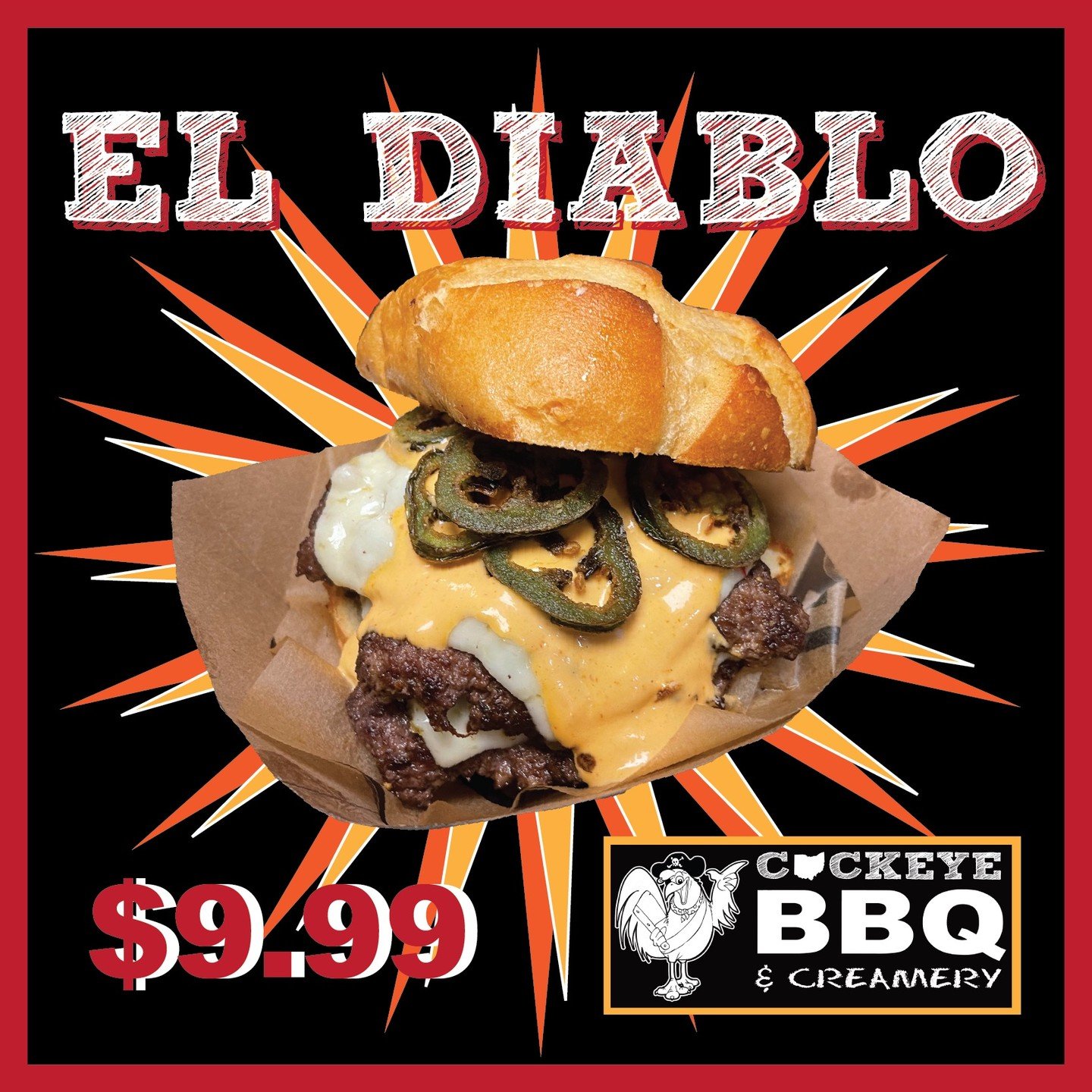 EL DIABLO!
Ya'll might remember this one from a few years ago. We wandered down memory lane and decided to bring this one back for a little while. 
Two of our brisket smash burgers, pepper jack cheese, house made sriracha mayo and lightly breaded and