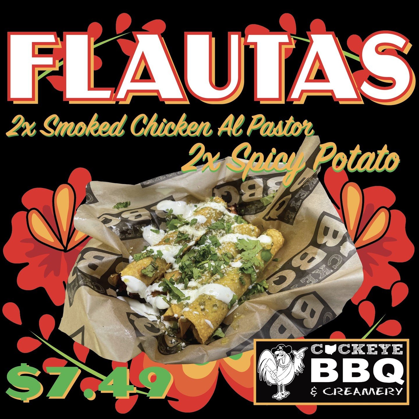 FLAUTAS! We all have all sorts of fun specials on the Clothesline for Cinco De Mayo!
Crispy Corn Tortillas stuffed with Smoked Chicken Al Pastor or Spicy Potato filling. (Order comes with 2 of each). Striped with House-Made Salsa Verde and Sour Cream