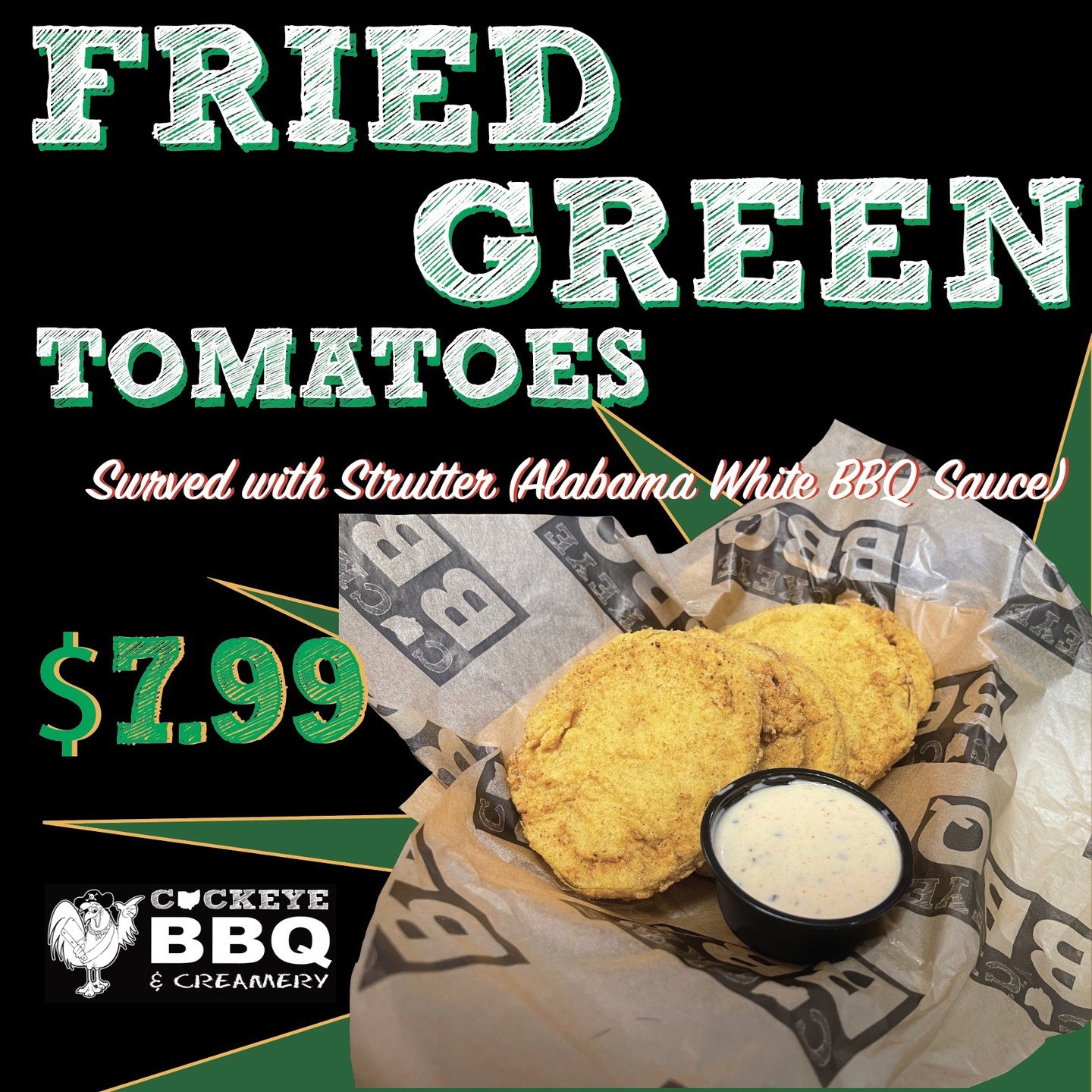 FRIED GREEN TOMATOES! WHAAAAT!
Ladies and gentleman it's that time again. Green tomatoes are back in season. We dip ours in buttermilk and seasoned cornflour. Fried Fresh to order and served with Strutter (Alabama White BBQ Sauce.) 
#morethanenough #