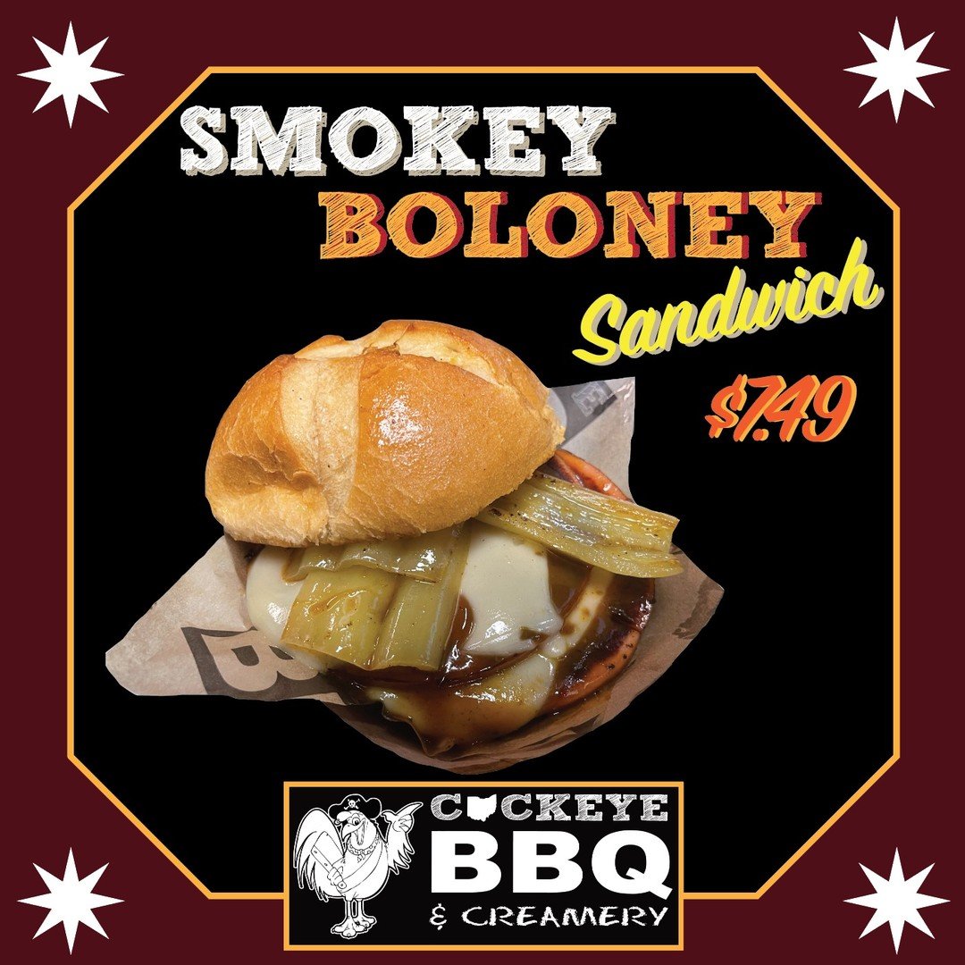 The SMOKEY BOLONEY Sandwich!
Smoked Beef &amp; Pork Bologna, Thick-cut and Fried in YellowBelly (Mustard-based BBQ Sauce). Topped with Swiss Cheese and House-Pickled Hungarian Hot Peppers. Served on a Griddled Pub Roll. 
Not your grandmas fried bolog