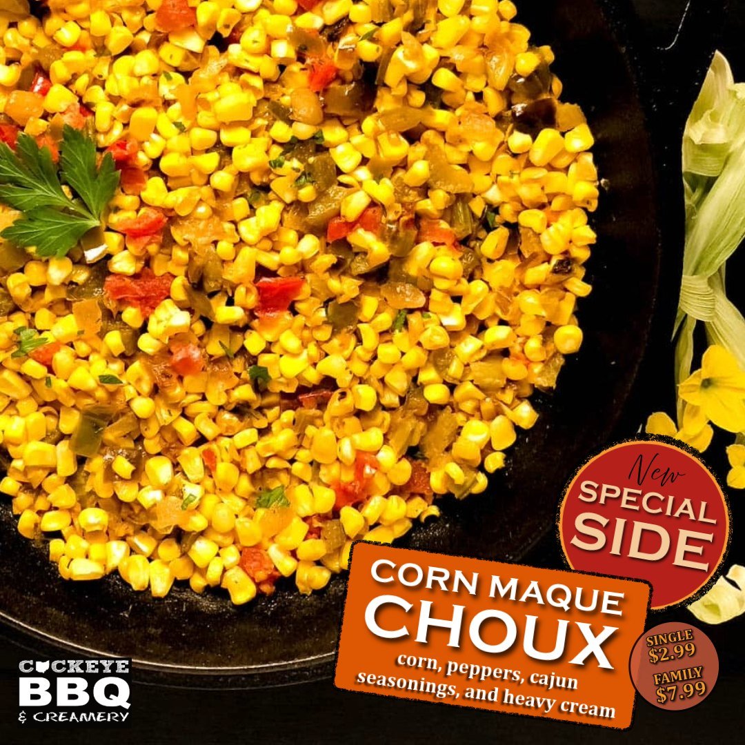 NEW SPECIAL SIDE: CORN MAQUE CHOUX 🔥 🌽

A classic Cajun recipe made with corn and peppers, saut&eacute;ed until softened and spiced with a blend of Cajun seasonings and finished with heavy cream. Available as a special side in a meat plate or ala c