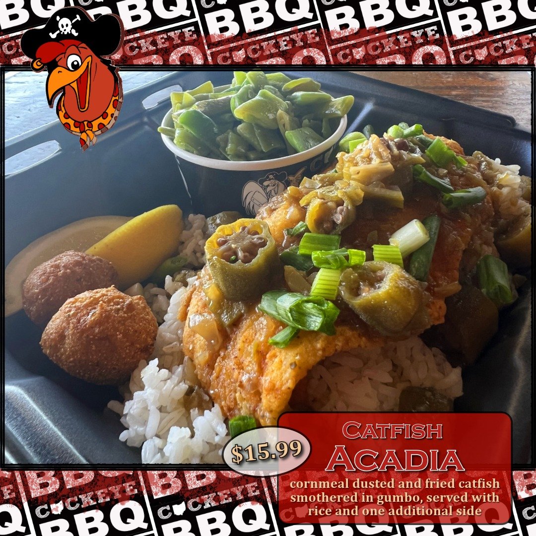 NEW Clothesline Special at Cockeye BBQ! 🔥

Introducing Catfish Acadia &ndash; cornmeal-dusted, golden-fried catfish smothered in rich, Cajun gumbo gravy and served over a bed of fluffy white rice, plus your choice of one side. It&rsquo;s soulful, bo