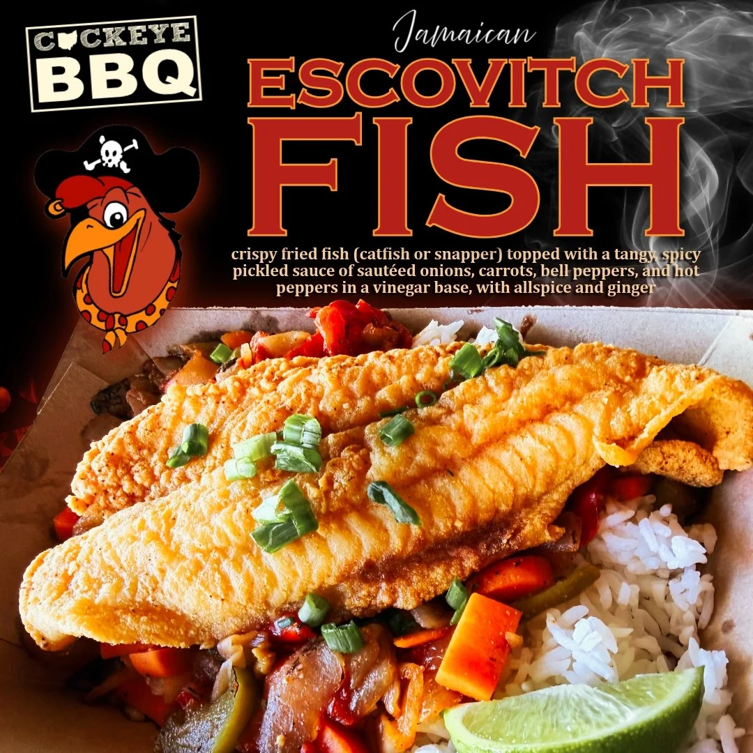 JAMAICAN ESCOVITCH FISH 🇯🇲🐟🌶️

Cockeye's take on the Jamaican dish featuring crispy fried catfish (or snapper, how fancy! ✨) topped with a tangy, SPICY pickled sauce of saut&eacute;ed onions, carrots, bell peppers, and hot peppers in a vinegar ba