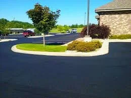 A parking lot with freshly paved black asphalt, a small landscaped island with a tree and bushes, and a building in the background under a clear blue sky.