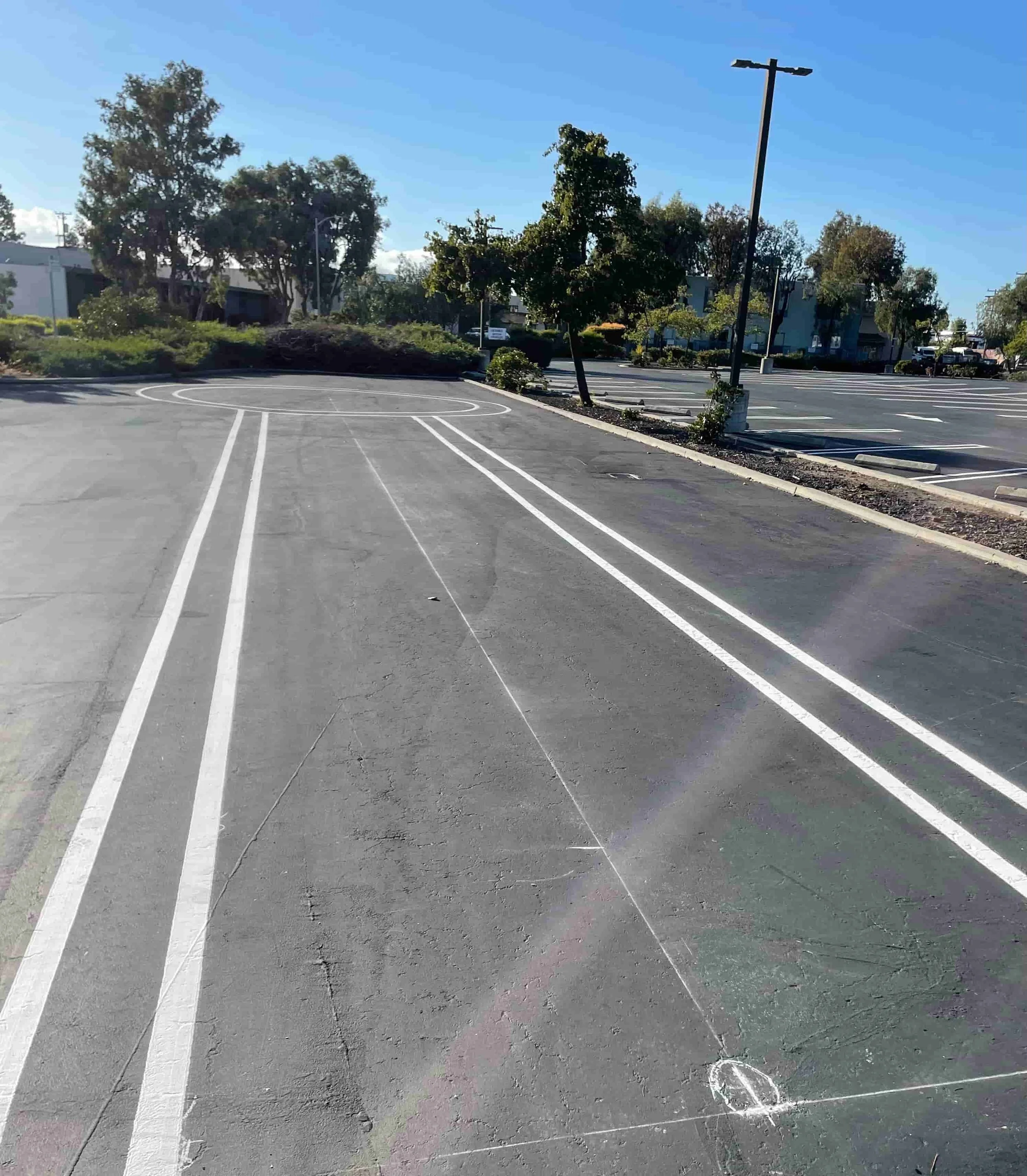 Freshly painted white striping in a Fresno parking lot under a clear blue sky, surrounded by trees and bushes.