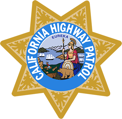 California Highway Patrol badge with a star shape, state seal, and "Eureka," seen near asphalt paving Fresno projects.