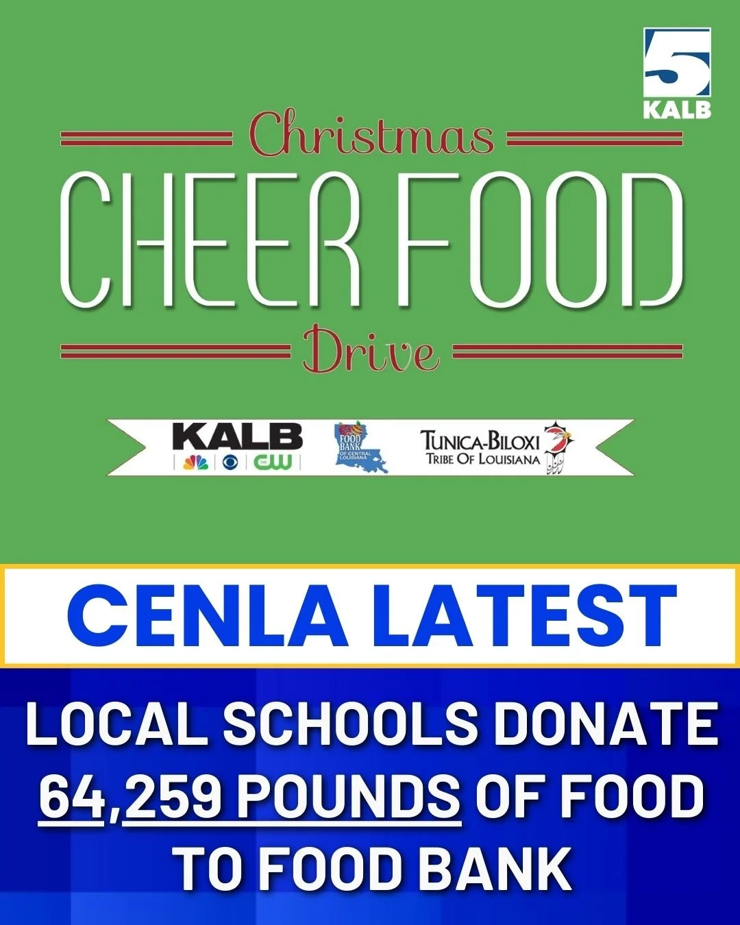 Christmas Cheer Food Drive Collects 64,259 Pounds of Food Tunica-Biloxi Tribe, Paragon Casino Resort and KALB-TV sponsor Food Drive benefiting the Food Bank of Central Louisiana