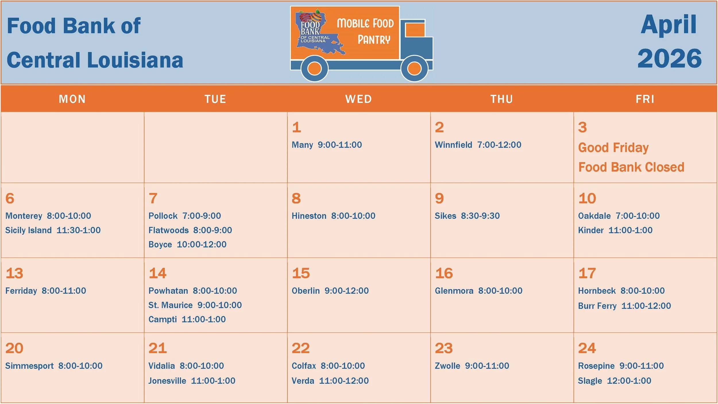April Mobile Pantry Distribution Schedule