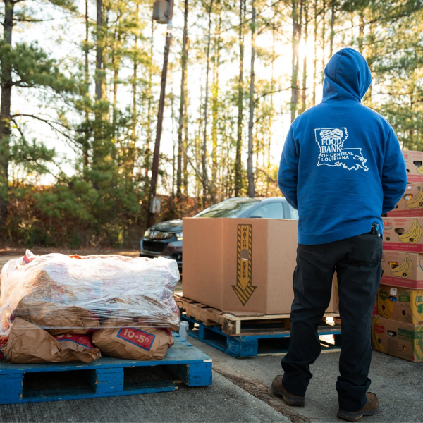 Food Bank volunteer loading a pallet