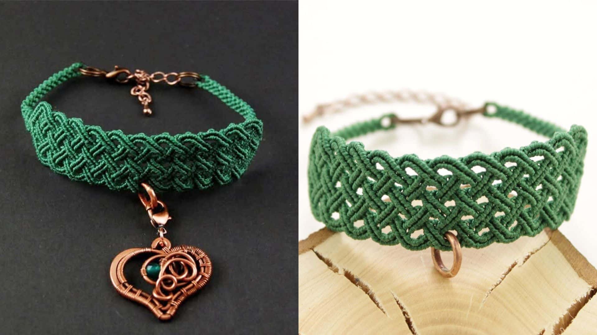 Forest green micro-macrame bracelet featuring an intricate Celtic weave pattern and a copper wire-wrapped heart charm.