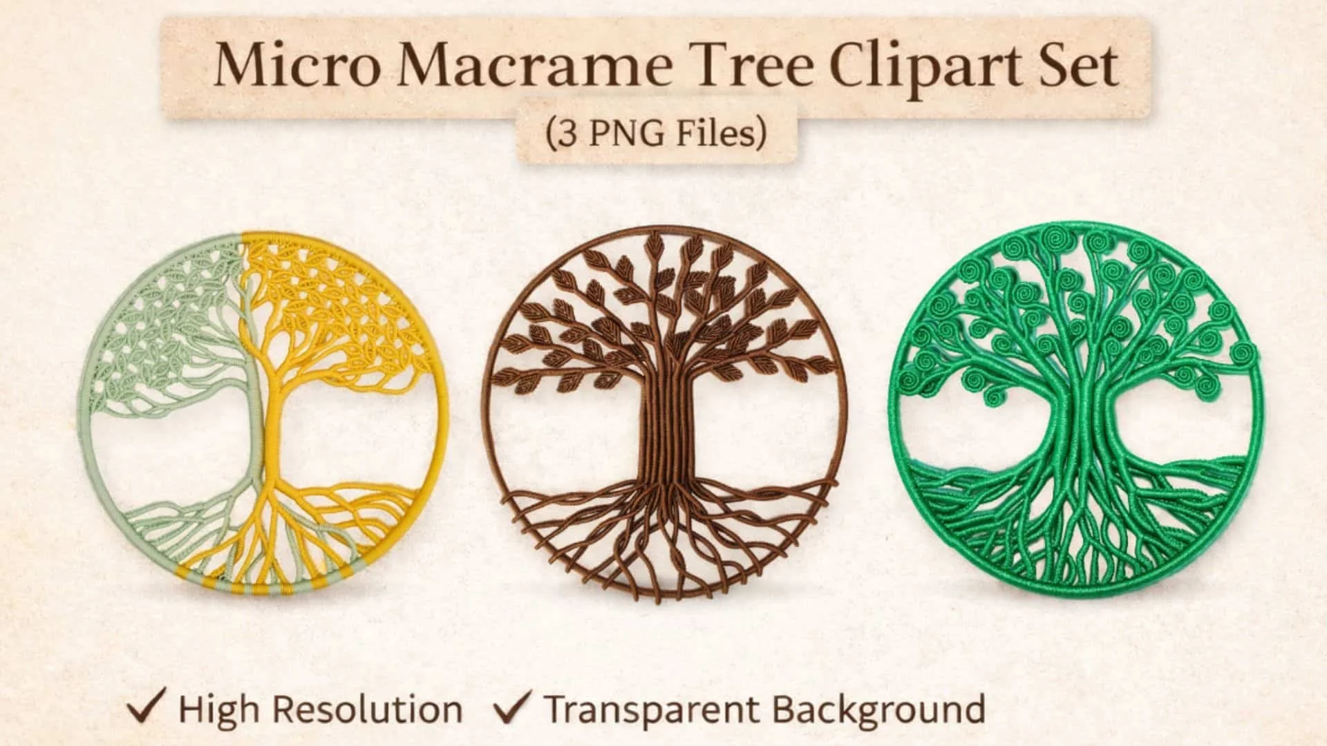 micro macrame tree clipart set PNG handmade style