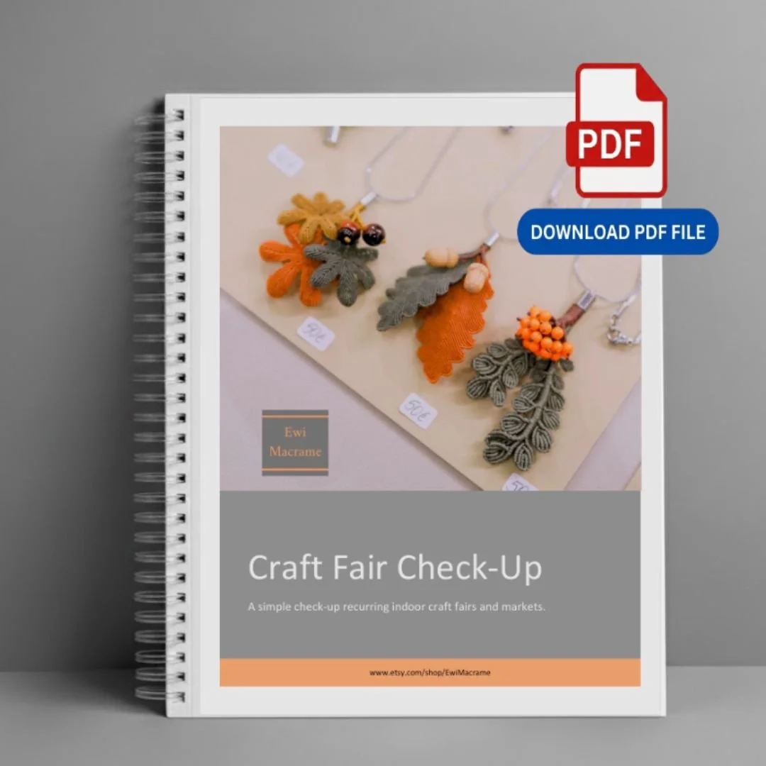 Cover of a guide titled 'Craft Fair Check-Up' by Ewi Macrame, featuring handmade crafts like fiber or textile jewelry and ornaments, with a PDF download label on the right side.
