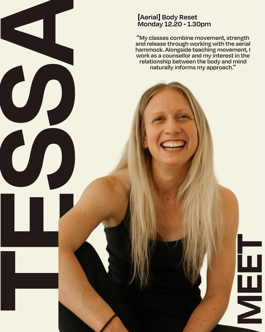When she&rsquo;s not running after her child or working as a therapist, @tessaerialyoga loves to move her body and be playful with aerial. 

Body Reset on Mondays at 12.30 the post weekend workout you need. Think of it as a mini detox to ring out you
