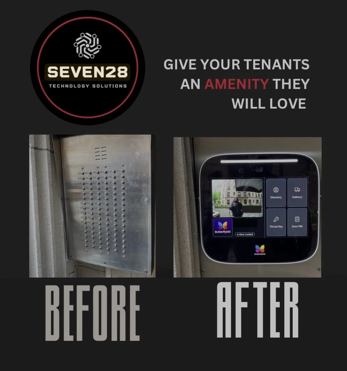 A promotional graphic for Seven28 Technology Solutions, showing a before and after comparison of an intercom system replaced by a digital access panel, with the tagline 'Give your tenants an amenity they will love'.