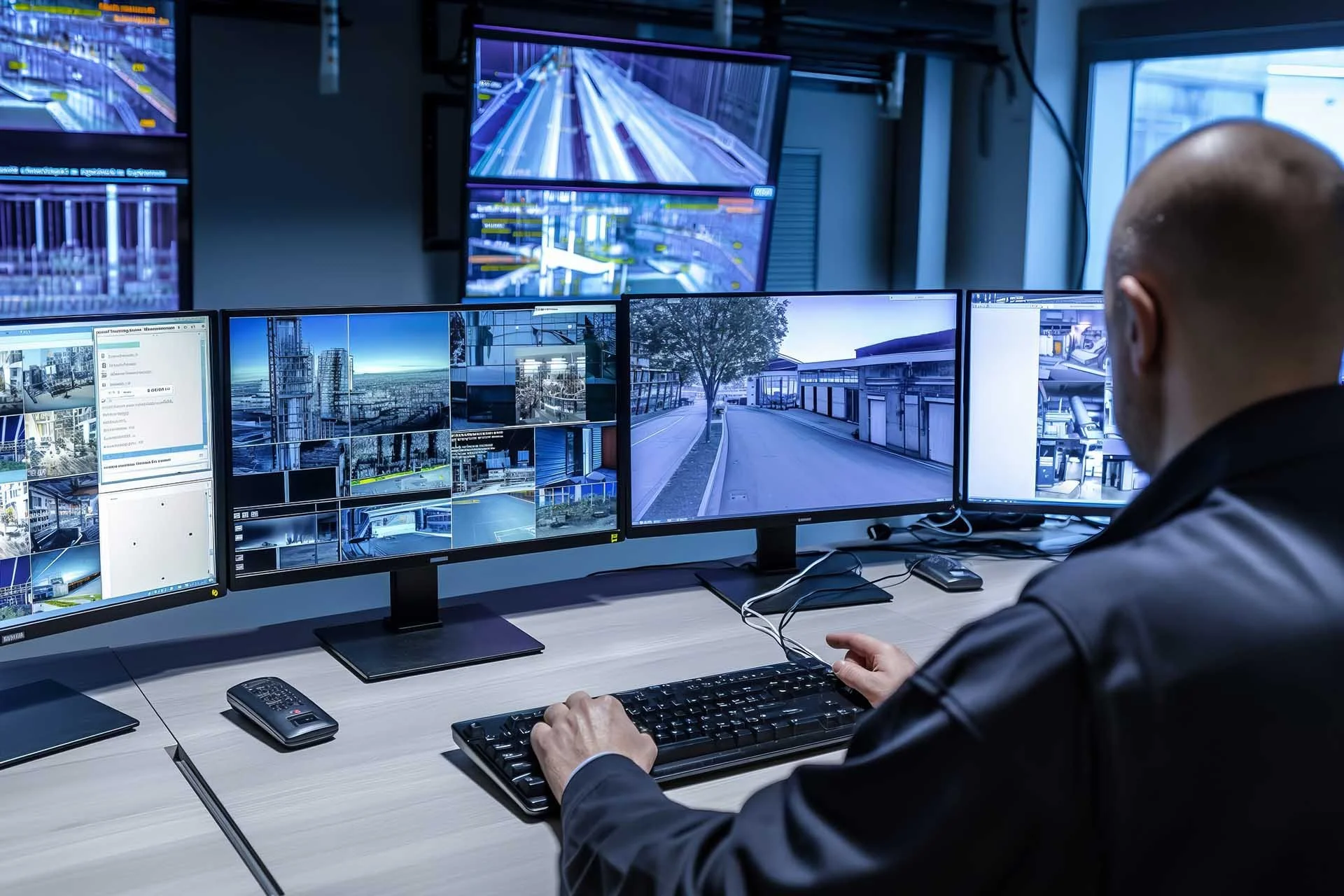 A person working at a desk with multiple computer monitors displaying surveillance camera feeds and cityscapes, in a control room environment.