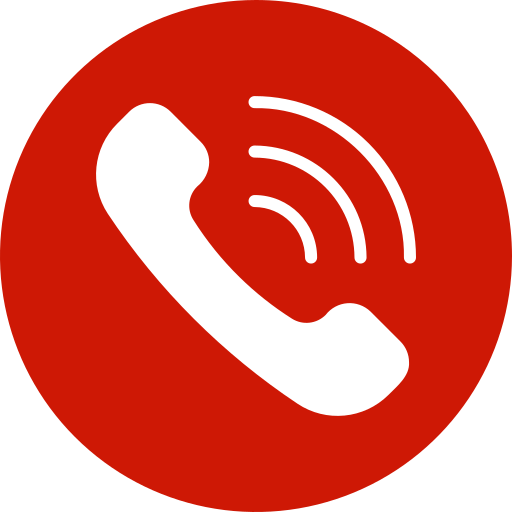 Red circular icon with a black telephone receiver and signal waves indicating a call or phone communication.