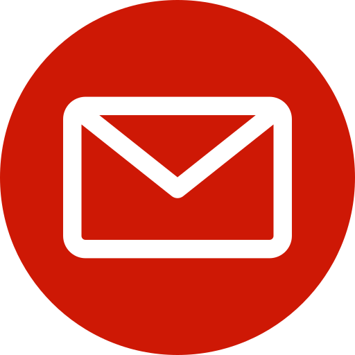 Email icon with a red circular background and a black outline of an envelope.