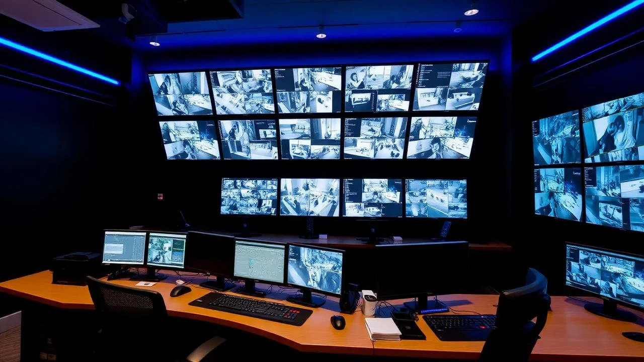 Control room with multiple monitors displaying security camera footage