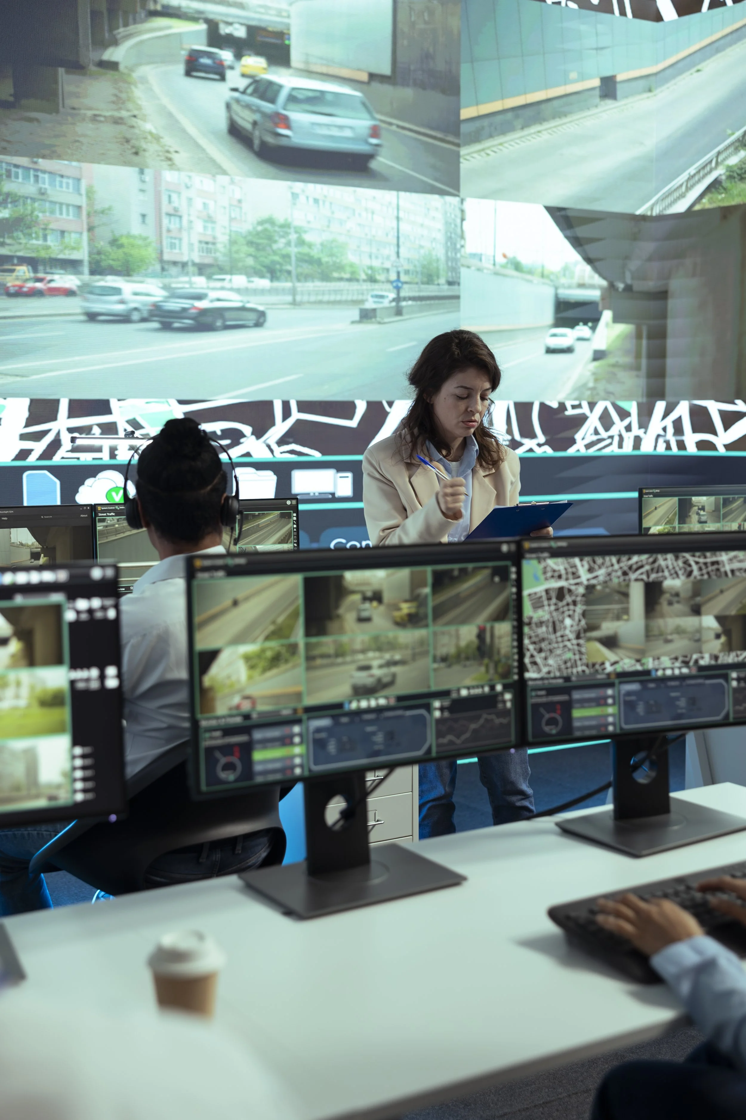 A control room with multiple computer monitors displaying traffic cameras and data. A woman is taking notes on a clipboard, and another person is typing on a keyboard. A large screen on the wall shows multiple live images of roads and vehicles.