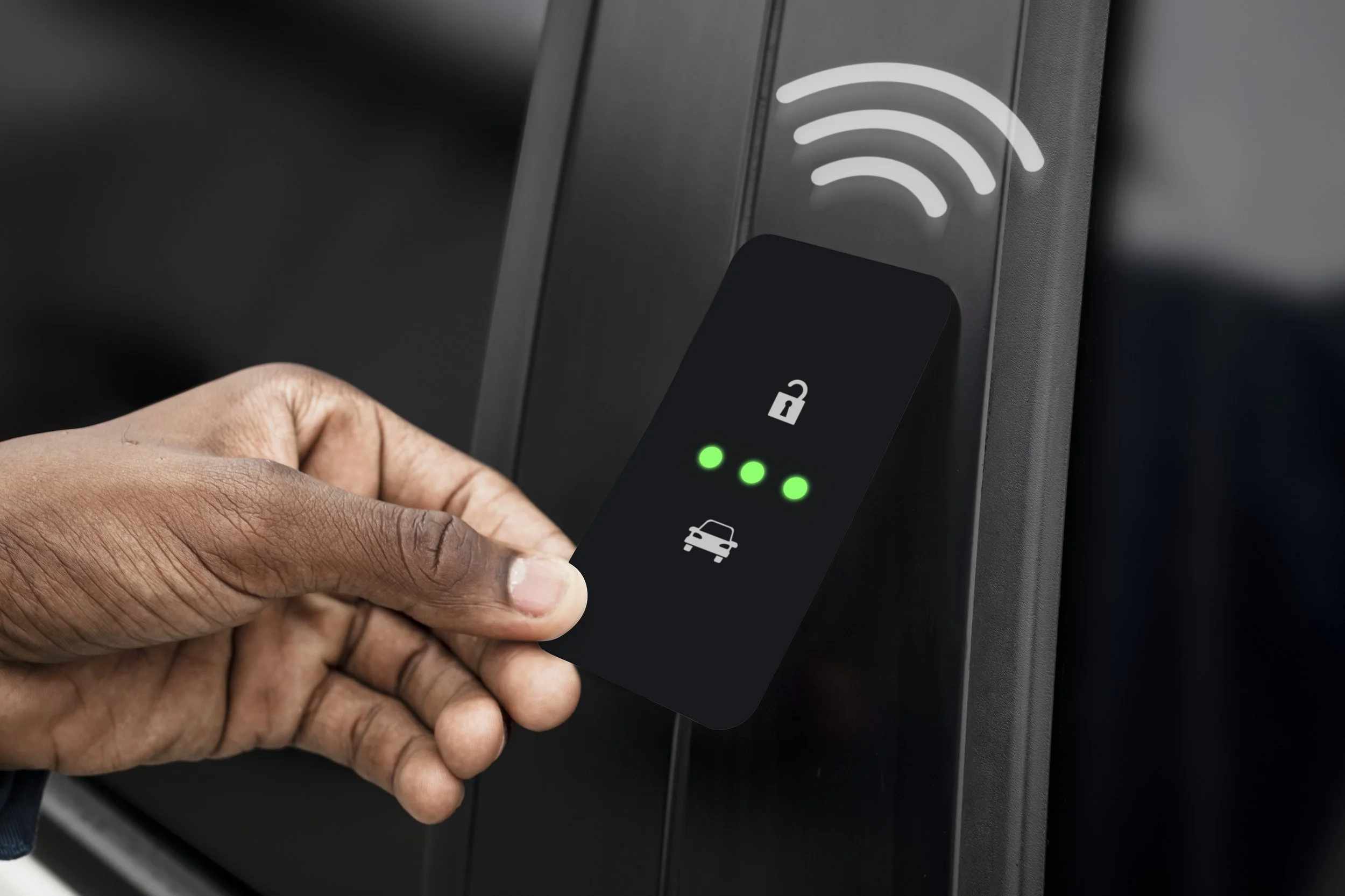 Close-up of a person's hand using a fingerprint scanner on a black electronic device with LED lights and Wi-Fi symbol graphic.