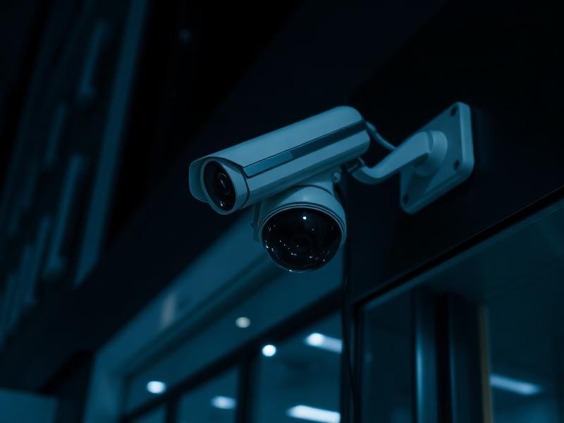Security camera mounted on a dark wall in a dimly lit area.