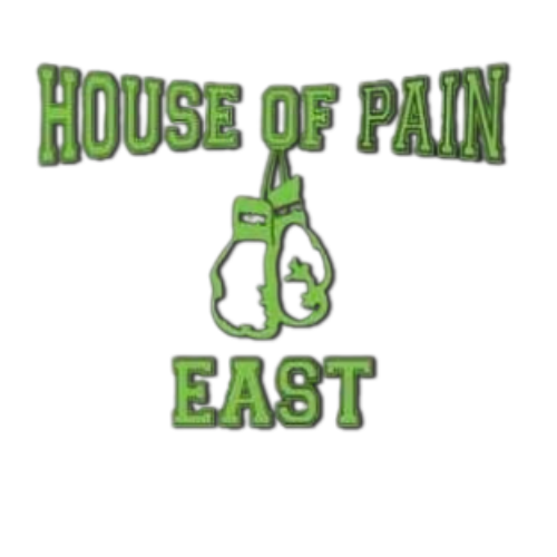 Graphic design with the text "House of Pain East" and an illustration of a boxing glove with a star and a maple leaf.