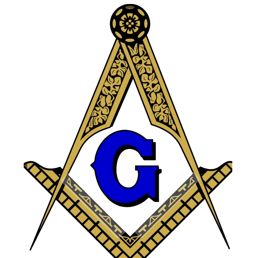 Freemason symbol with a compass, square, and a blue letter G in the center.