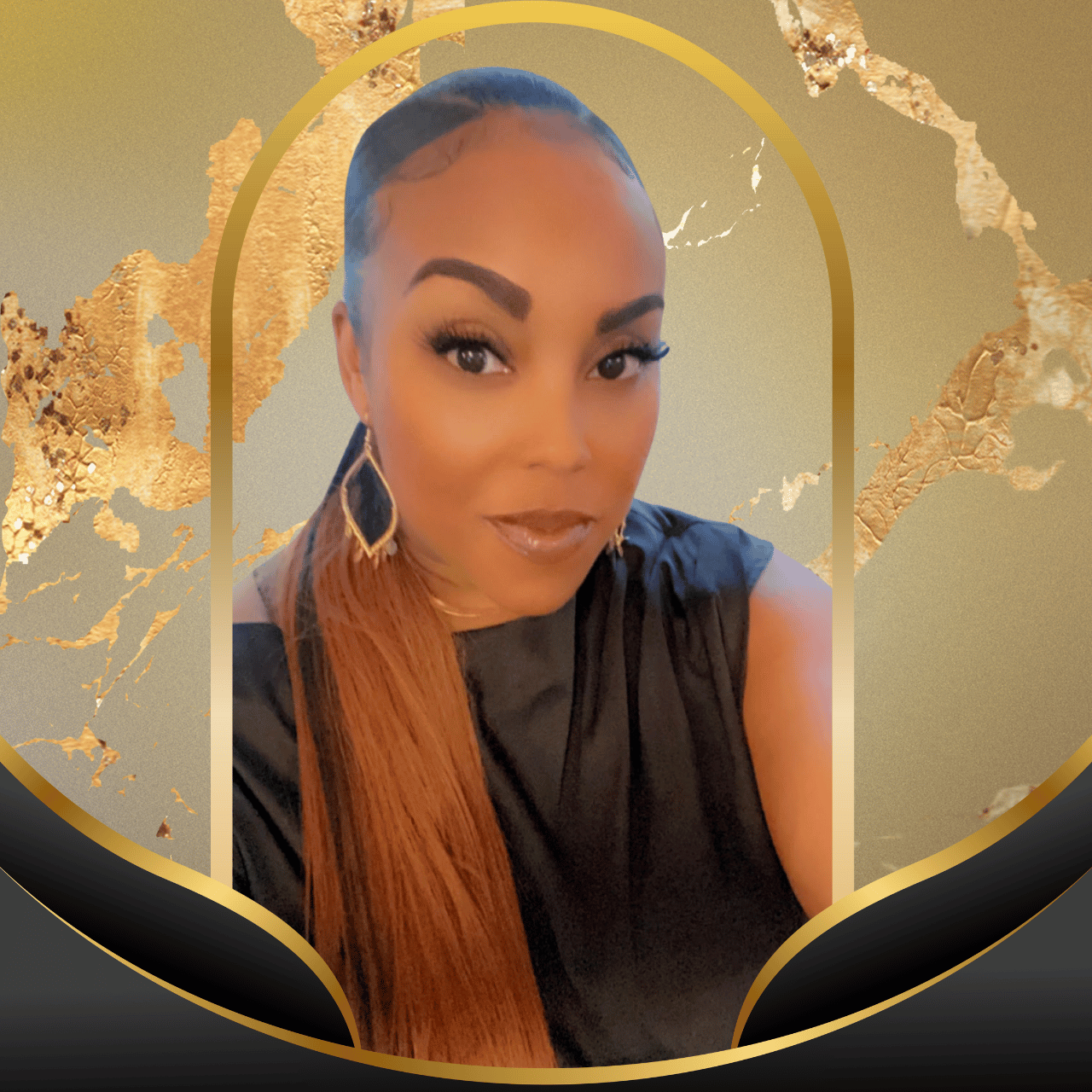 A woman with dark skin, long reddish-brown hair, wearing black earrings and a black top, taking a selfie against a decorative background with gold and gray elements.