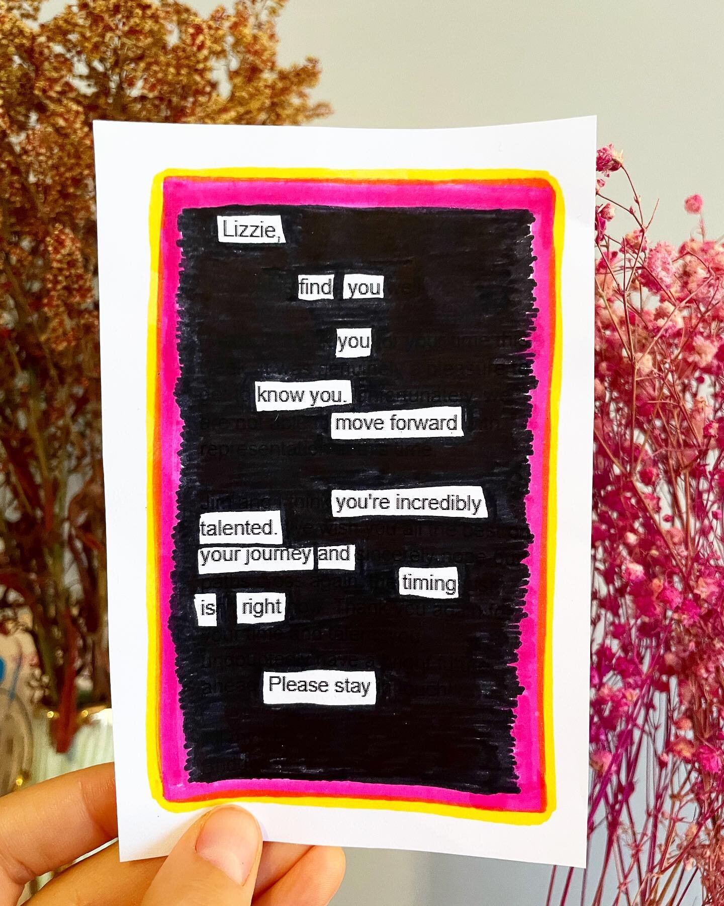 Highly recommend turning your (agent) rejection email(s) into poetry. Can confirm it is quite healing and empowering. 

#blackoutpoetry