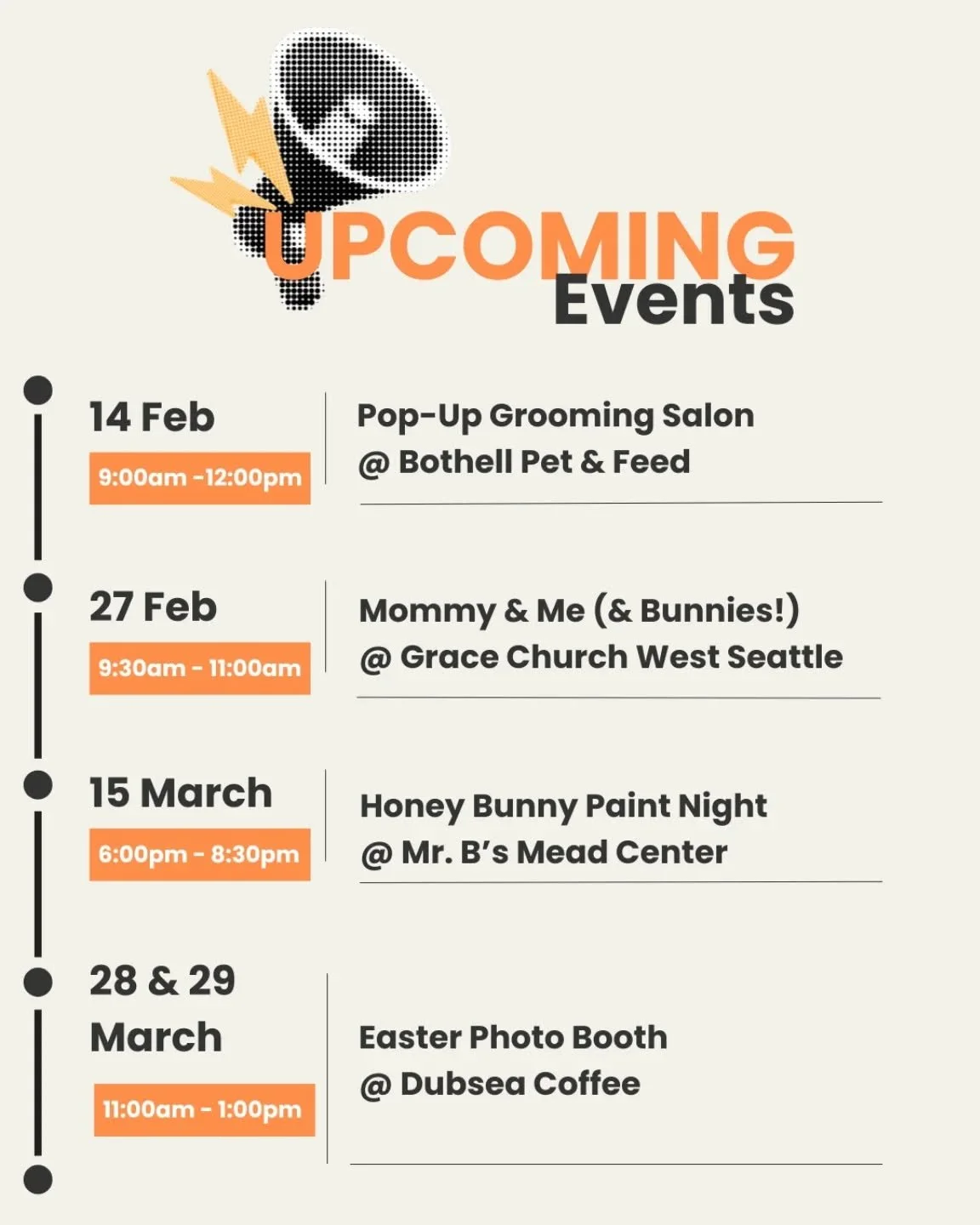 Come visit us &amp; our bunnies!!

Events requiring tickets will be linked in our bio!

WE CAN'T WAIT TO SEE YOU 🥰🥰

Shout-out to @bothellpetfeedsupply, @gracechurchwestseattle, @mrbsmeadcenter, and @dubseacoffee