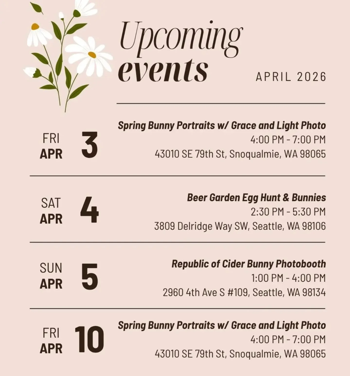 Looking for ways to incorporate bunnies into your Easter weekend?? Look no further 😎

April 3 - Tickets @graceandlight.photo 

April 4 - First come, first served! @ounceswestseattle

April 5 - Tickets preferred &amp; prioritized, walk-ins welcome! @