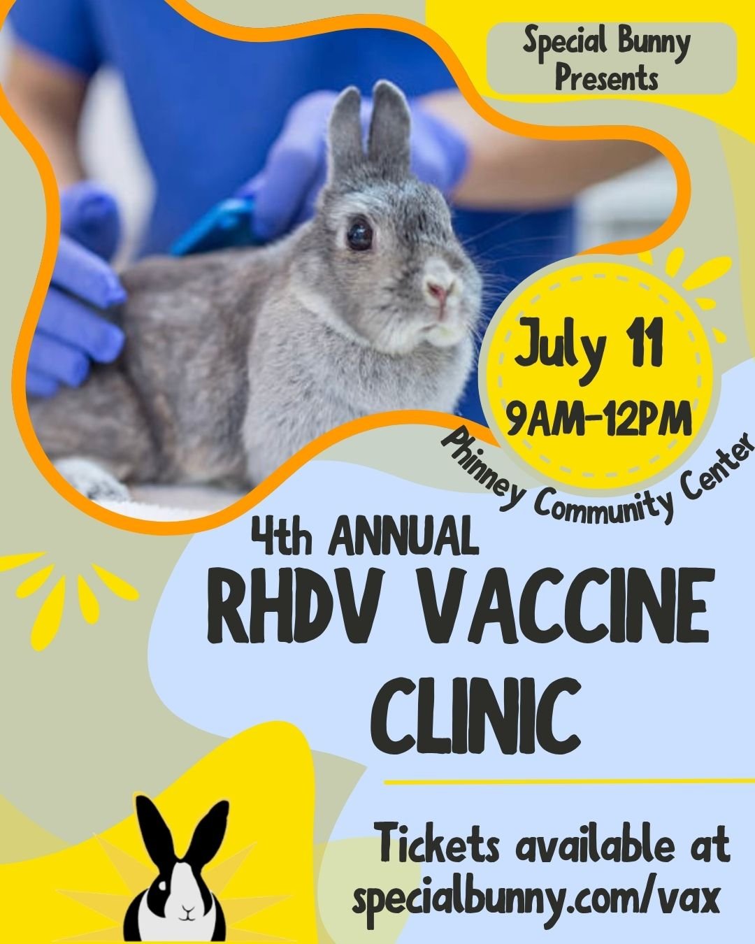 We are BACK, all you beautiful bunny babies!
ㅤ
Fourth year running we are having our vaccine clinic.
ㅤ
Date: July 11th
Time: 9am to 12pm (Mark your calendars!! It's an hour earlier this year!)
Place: Phinney Community Center
459 N 67th St, Seattle, W