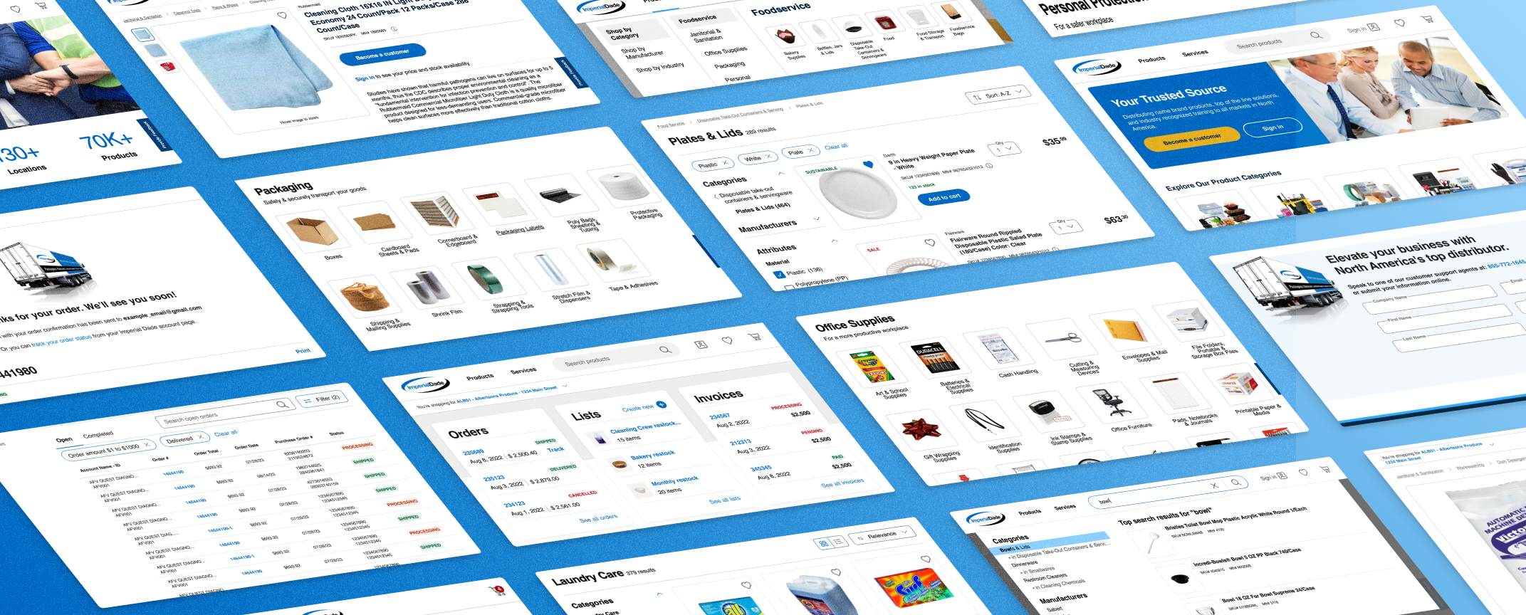 Various webpage screenshots of an online store selling office supplies, packaging materials, foodservice items, and other products, displayed on a blue background.