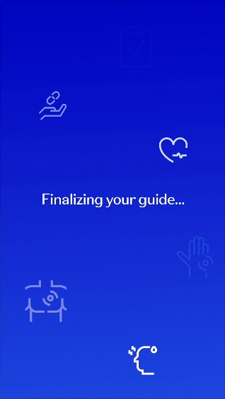 Blue app screen with icons of a hand holding a pill, a heart with a pulse line, a QR code, and a face mask, and the text 'Finalizing your guide...'.