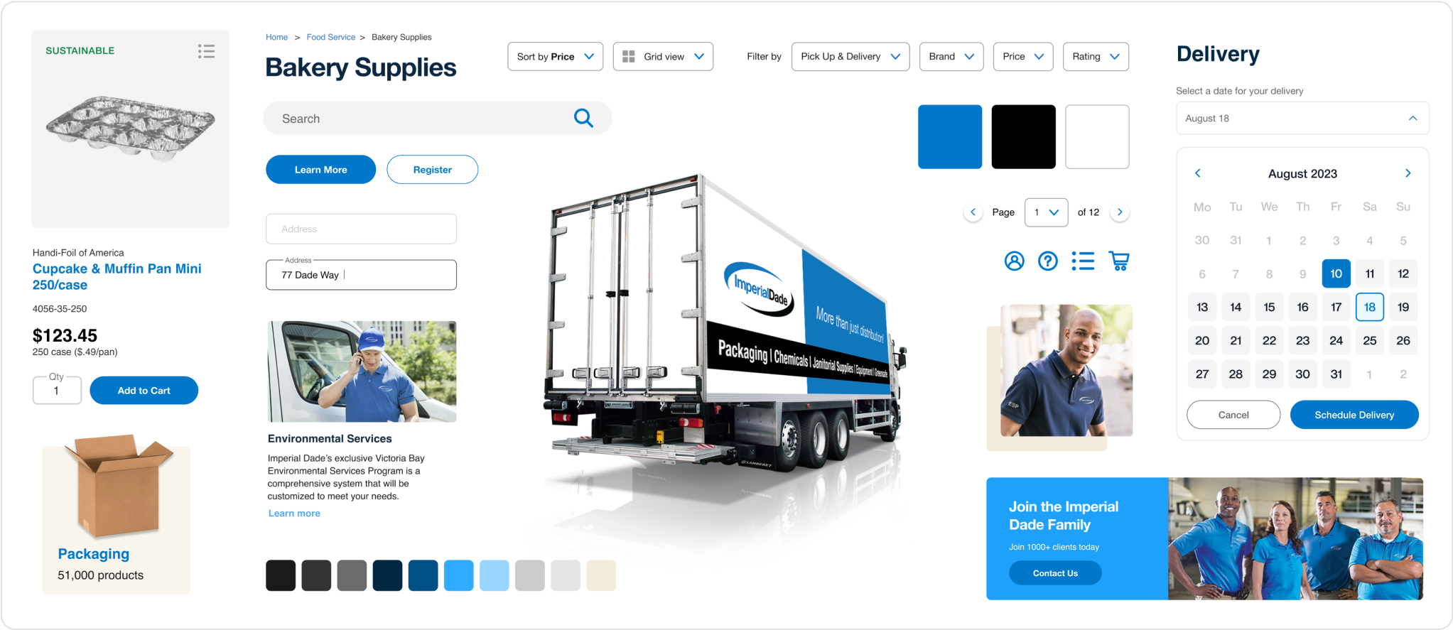 Online grocery store webpage displaying bakery supplies, including cupcake and muffin pans, a delivery truck, and a delivery person wearing a blue uniform.