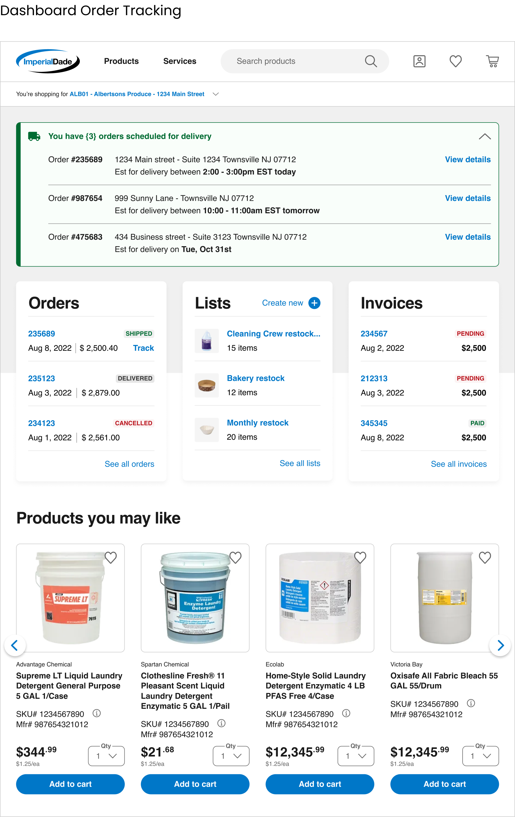 Screenshot of an online chemical supply store showing various laundry detergents with prices, SKUs, and 'Add to cart' buttons.