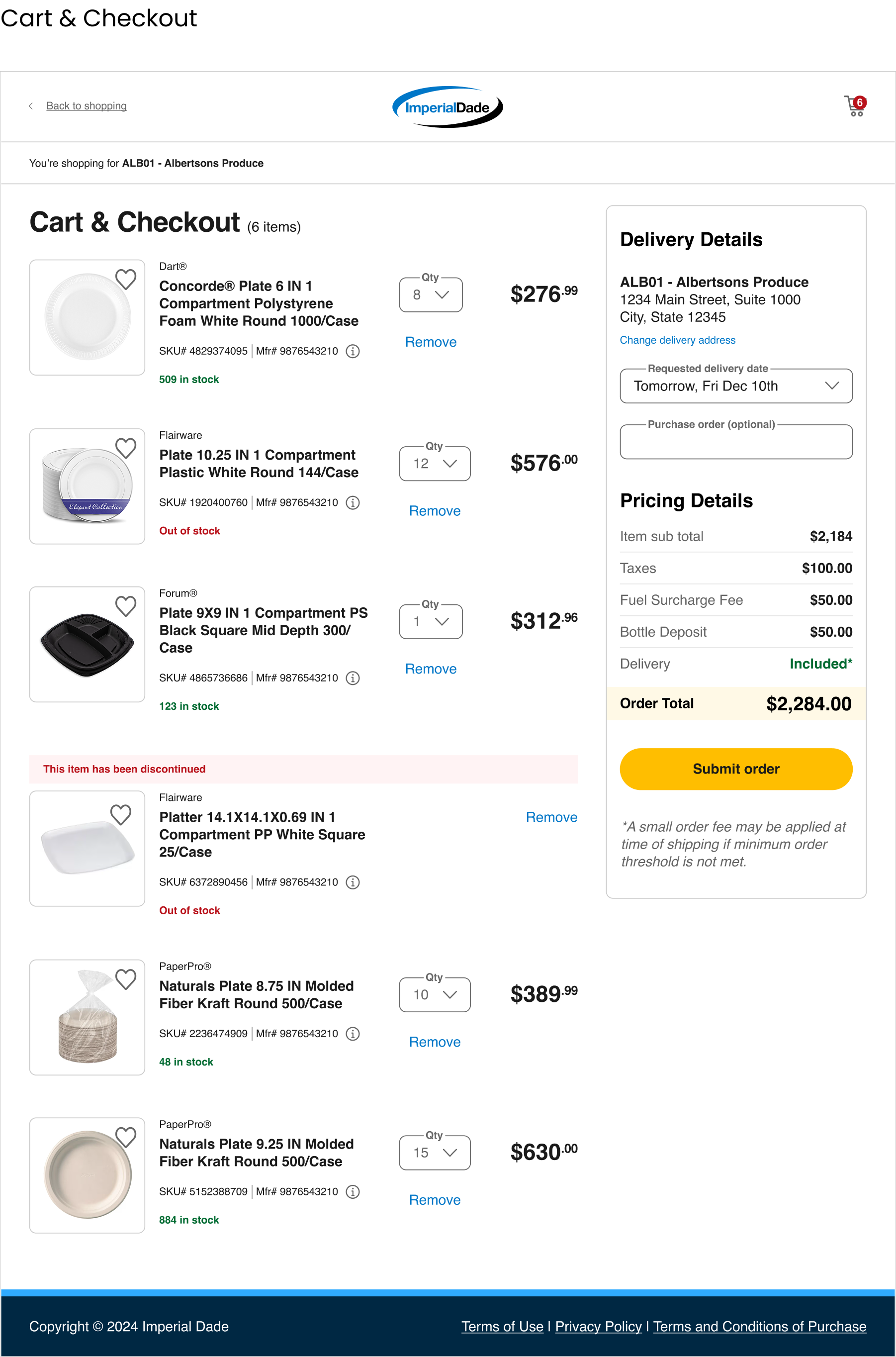 Screenshot of an online shopping cart on Imperial Dade website with six kitchen storage items, their descriptions, quantities, prices, and stock status, totaling $2,284.00.
