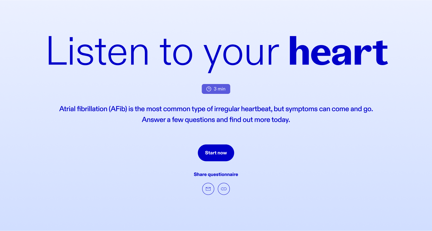 Web page titled "Listen to your heart" with a blue background, large blue and purple text, a timer icon with "3 min", and a paragraph about atrial fibrillation. There is a blue "Start now" button, a link to share questionnaire, and icons for email and link sharing.