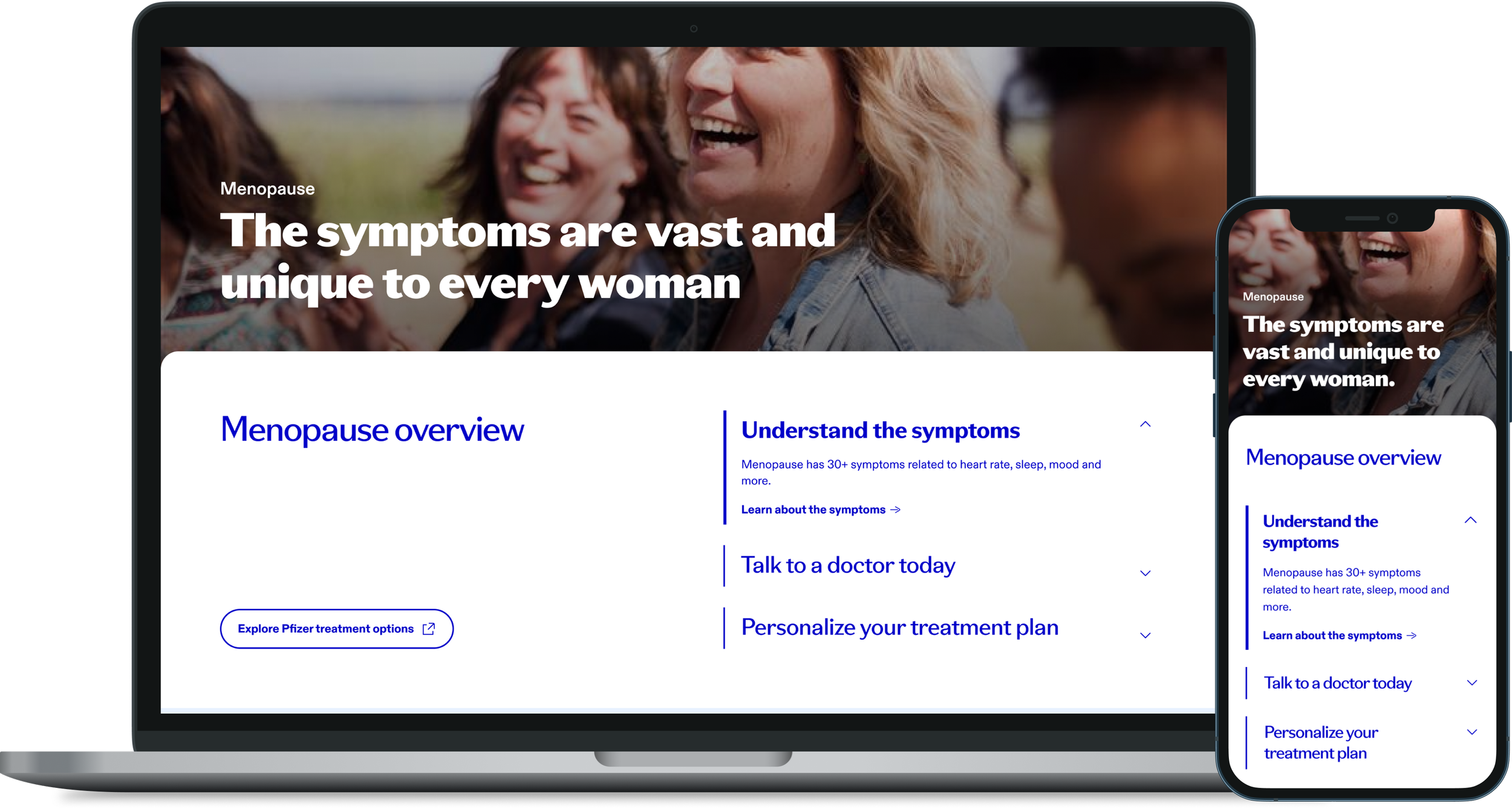 A laptop and smartphone displaying a webpage about menopause symptoms, with a background photo of women smiling and laughing outdoors.