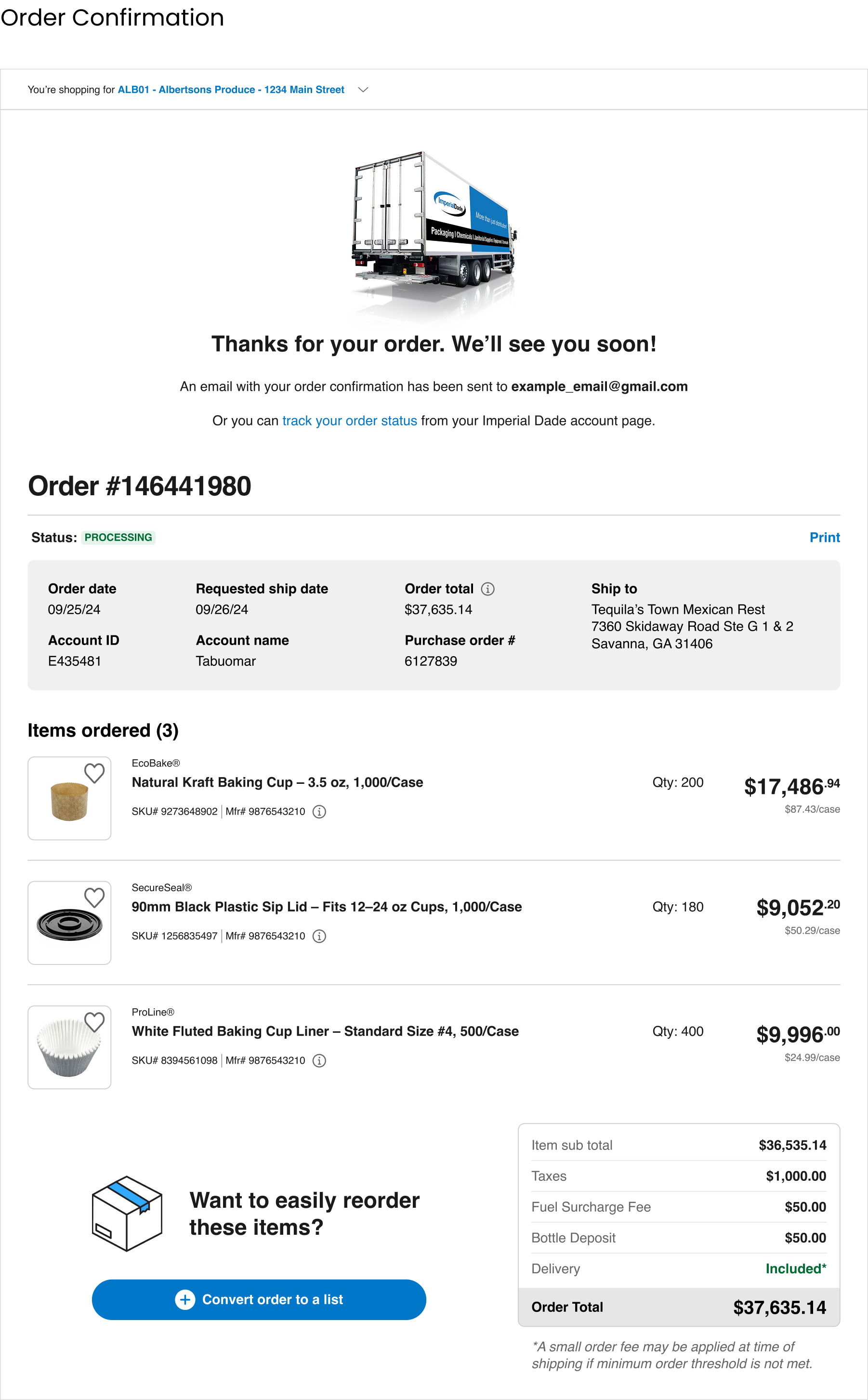 Screenshot of an online order confirmation page from Imperial Dade, showing a processed order for various baking supplies including cups, lids, paper liners, and boxes.
