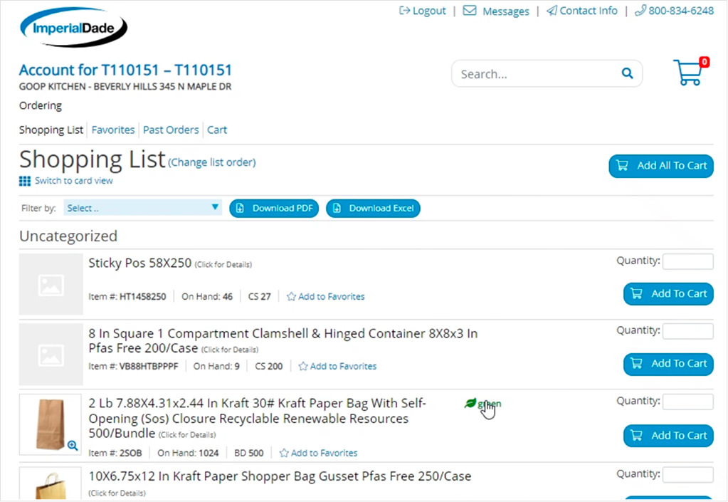 Screenshot of an online shopping cart page from Imperial Dade featuring various packing supplies, including a paper bag labeled 'green' indicating it is recyclable and eco-friendly.