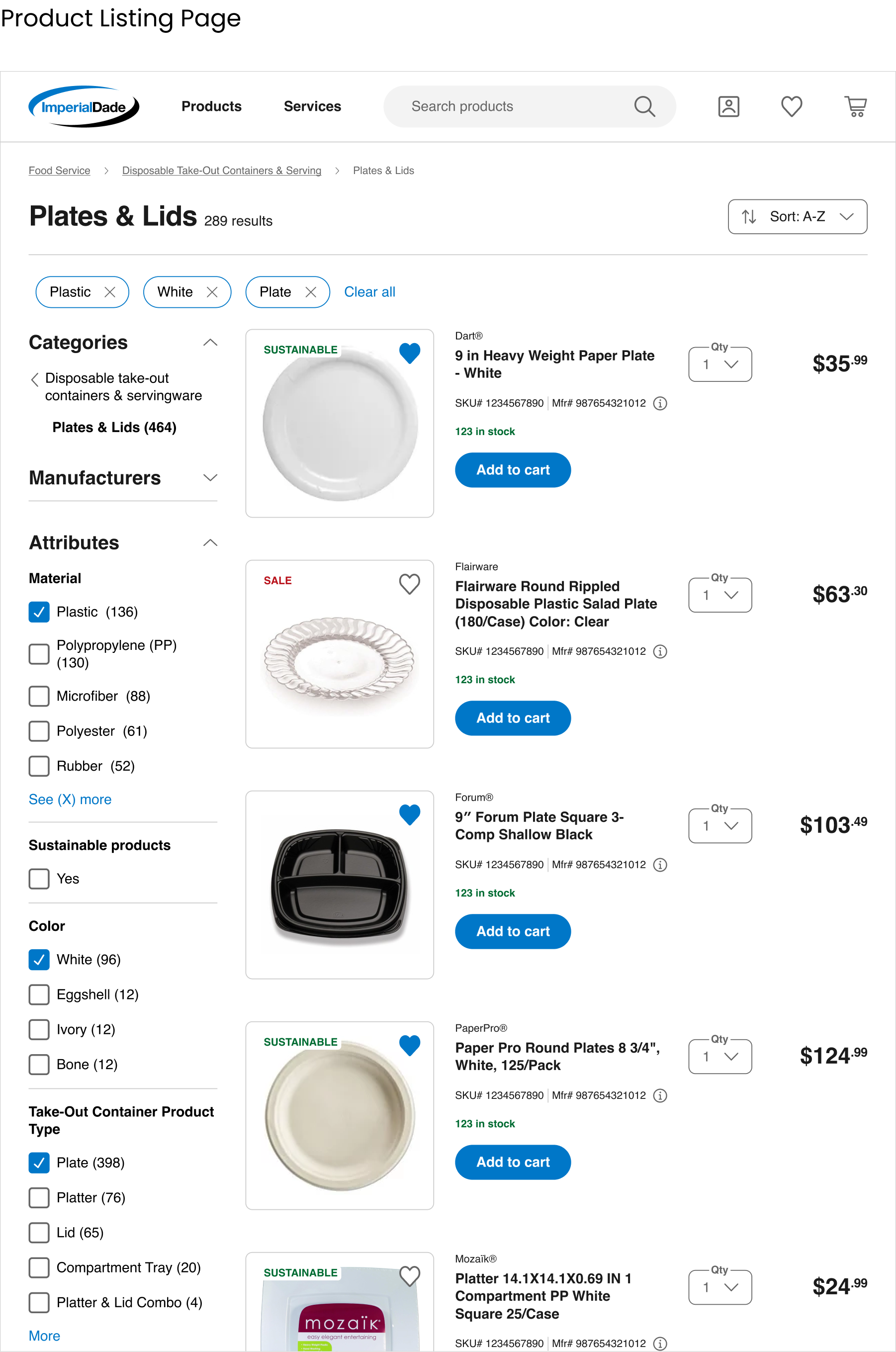 Screenshot of an online store page displaying various disposable plates, lids, and food service containers, with options to add items to a shopping cart.