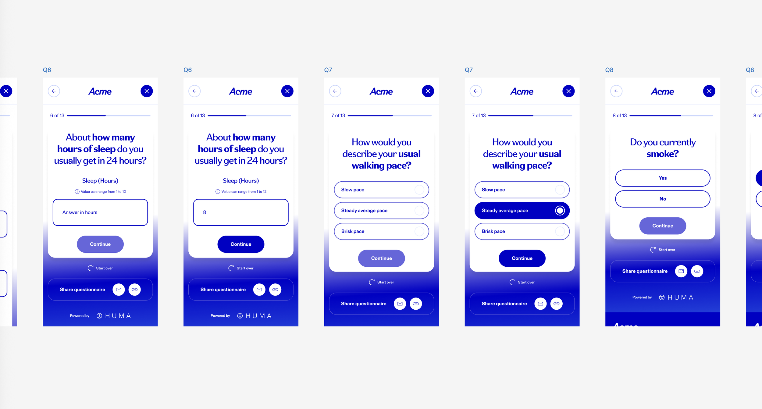 Sequence of mobile app screens showing a personality questionnaire about sleep habits, walking pace, and smoking, with options to select answers and share results, powered by HUMA.