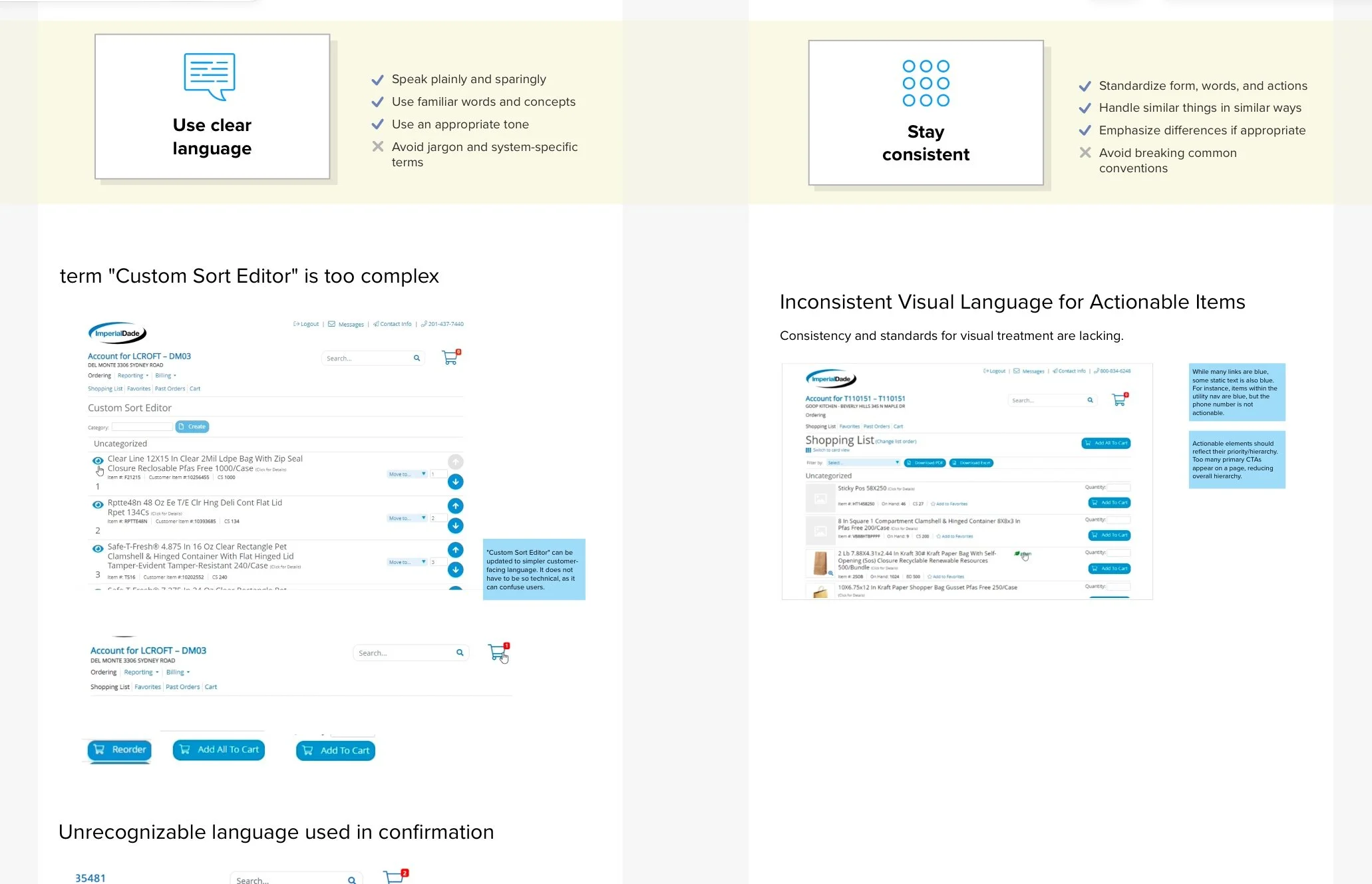 A comparison of two pages discussing the importance of clear language and visual consistency in user interfaces, showing screenshots of a website with shopping items and navigation options.