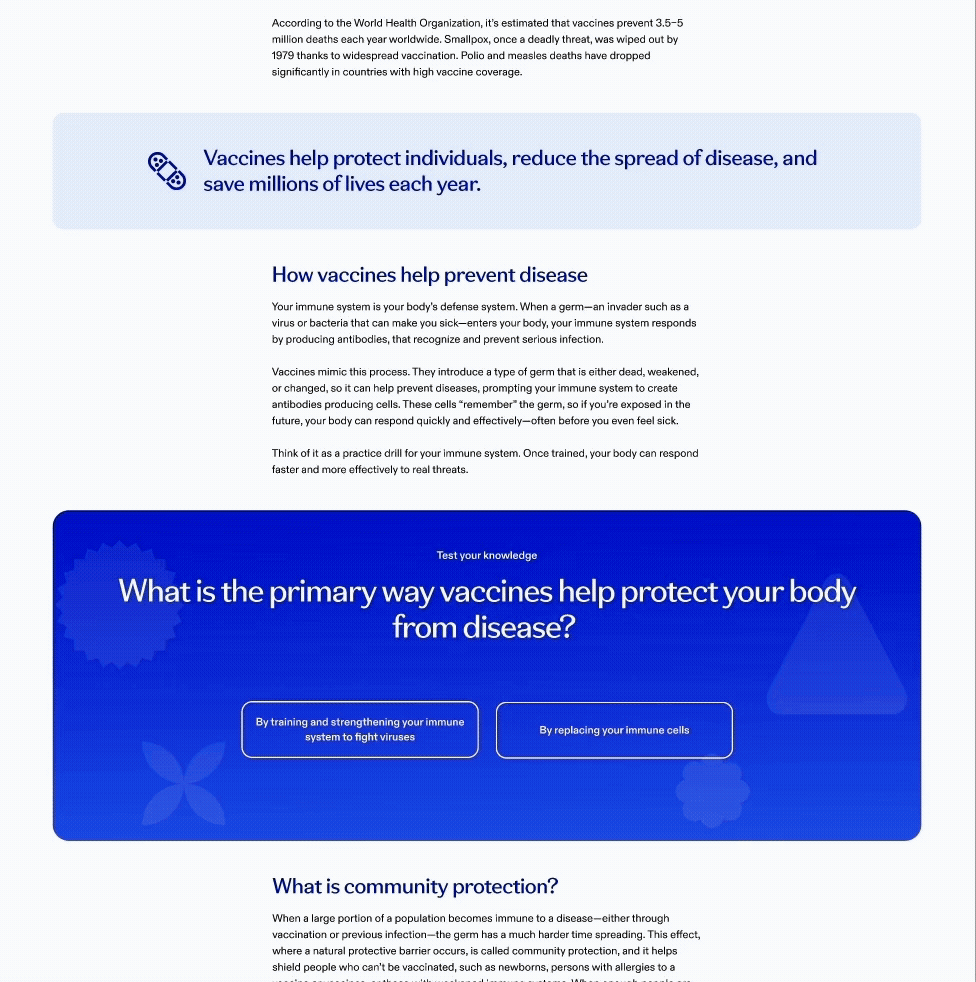 A webpage explaining the importance of vaccines in preventing disease, including a quiz question asking how vaccines help protect the body from disease, with multiple-choice answers.