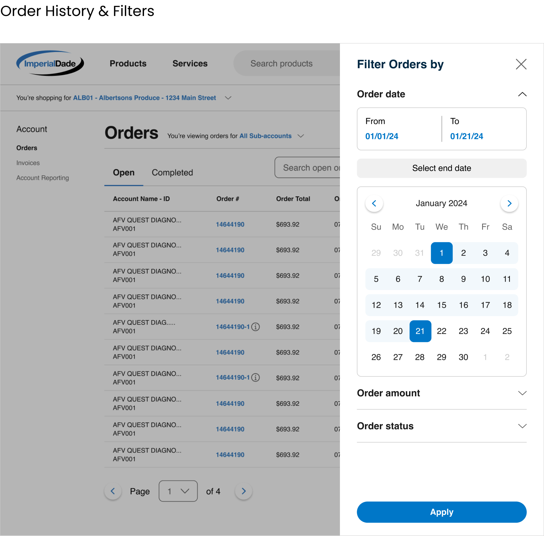 Screenshot of an online order management platform showing a filter menu for selecting order date, with a calendar view highlighting January 21, 2024, and a list of orders with IDs, total amounts, and statuses.