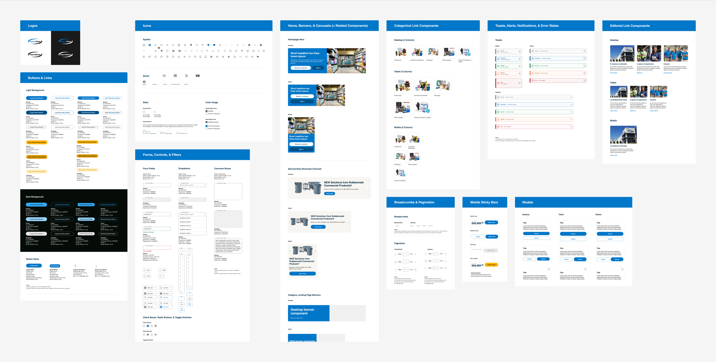 A collection of website design templates and style guide components displayed as detailed mockups, including logos, icons, headers, buttons, form controls, categories, links, and navigation elements.